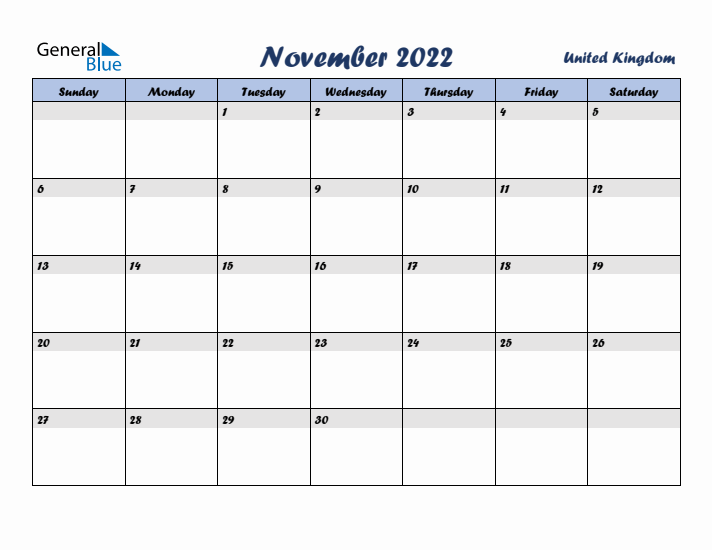 November 2022 Calendar with Holidays in United Kingdom