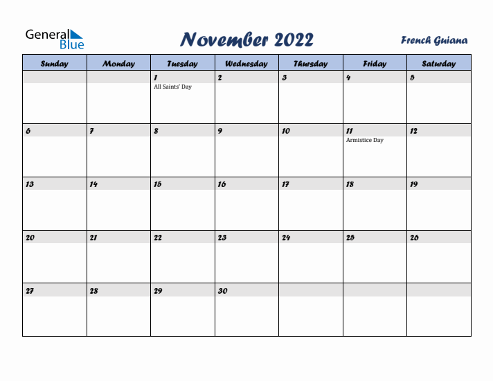 November 2022 Calendar with Holidays in French Guiana
