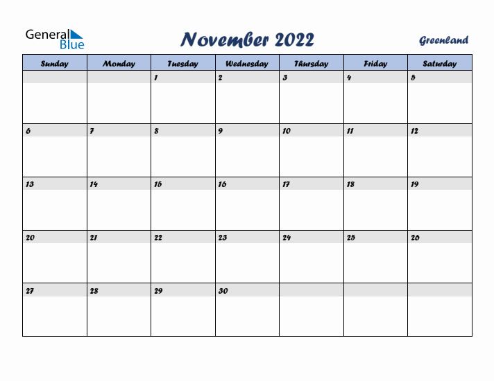 November 2022 Calendar with Holidays in Greenland