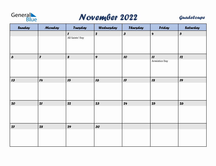 November 2022 Calendar with Holidays in Guadeloupe