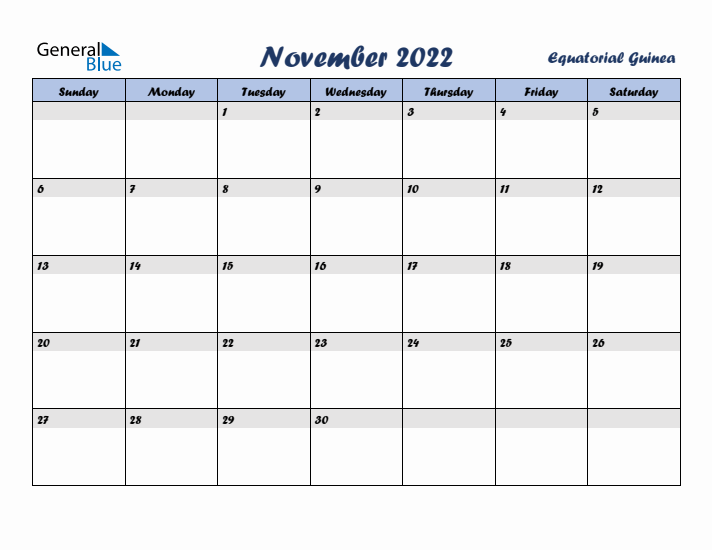 November 2022 Calendar with Holidays in Equatorial Guinea