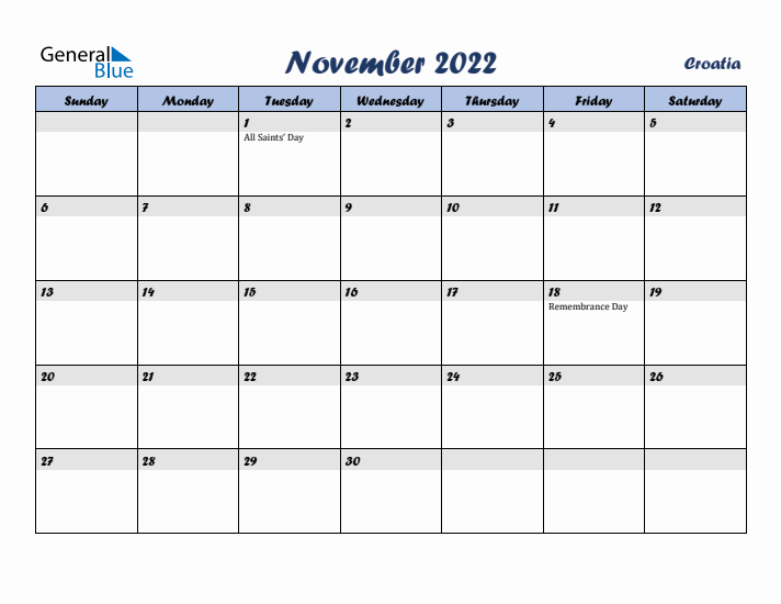 November 2022 Calendar with Holidays in Croatia