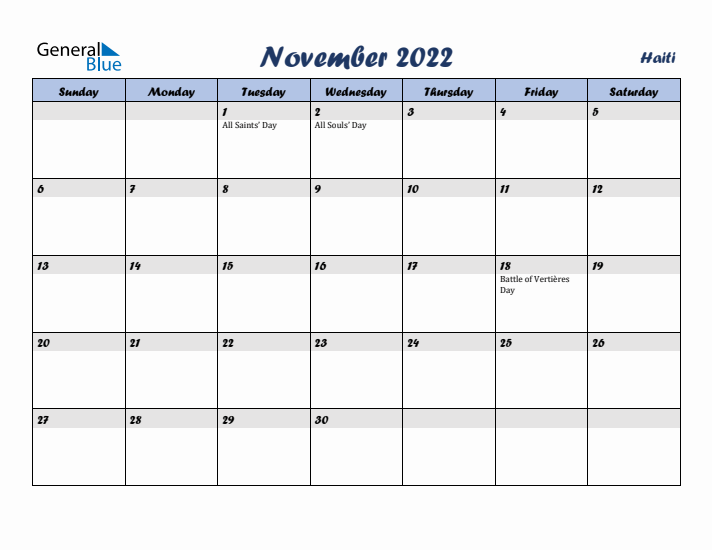 November 2022 Calendar with Holidays in Haiti