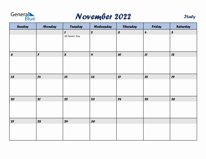November 2022 Calendar with Holidays in Italy