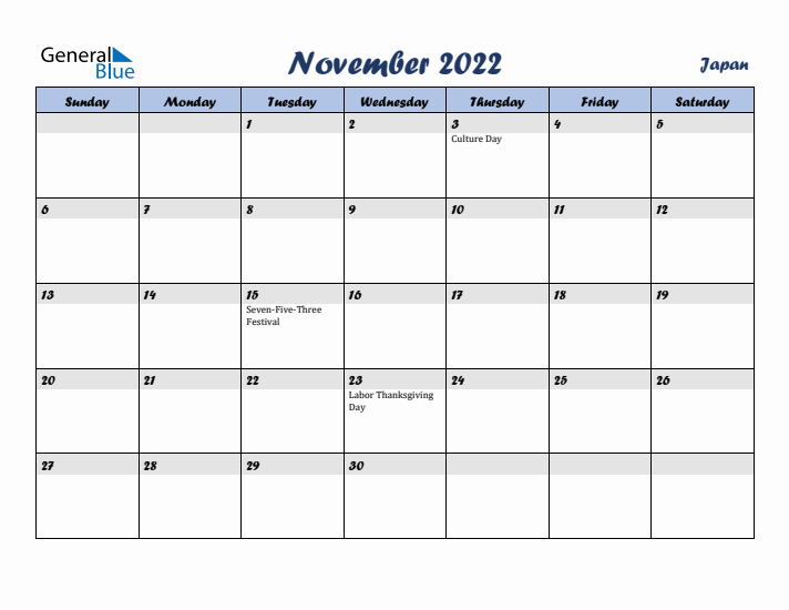 November 2022 Calendar with Holidays in Japan
