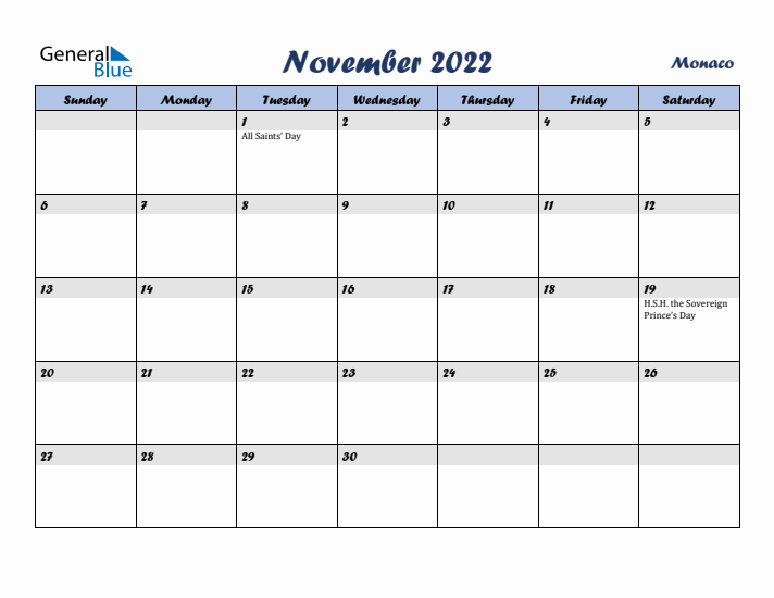 November 2022 Calendar with Holidays in Monaco