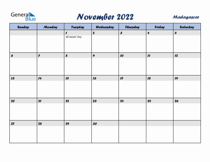 November 2022 Calendar with Holidays in Madagascar