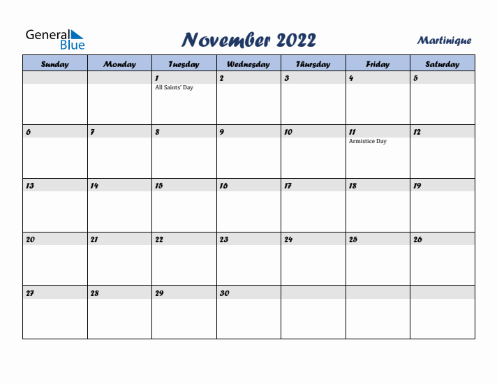 November 2022 Calendar with Holidays in Martinique