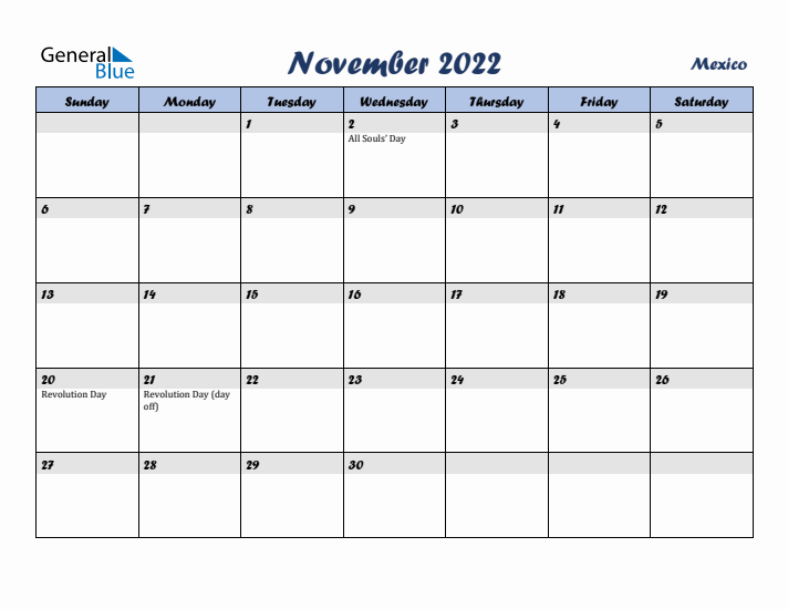 November 2022 Calendar with Holidays in Mexico
