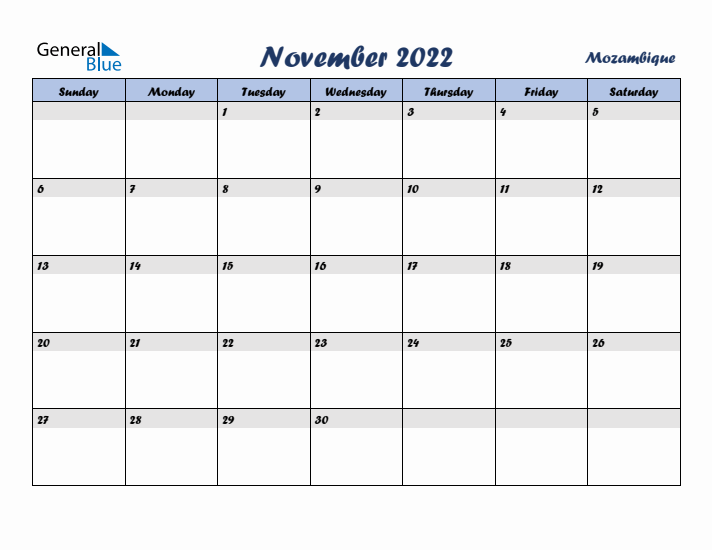 November 2022 Calendar with Holidays in Mozambique