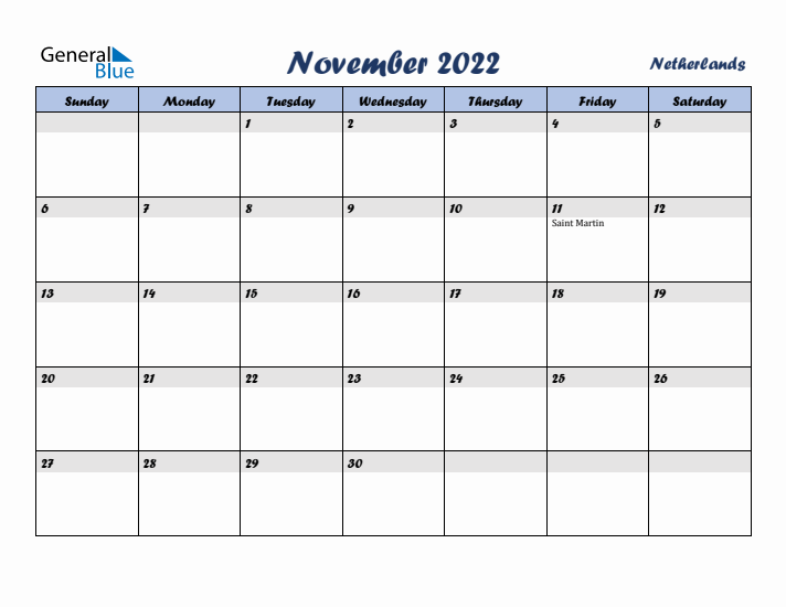 November 2022 Calendar with Holidays in The Netherlands