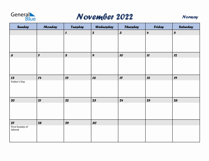 November 2022 Calendar with Holidays in Norway