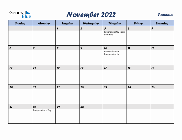 November 2022 Calendar with Holidays in Panama