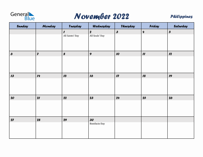 November 2022 Calendar with Holidays in Philippines