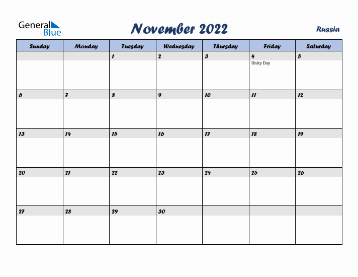 November 2022 Calendar with Holidays in Russia