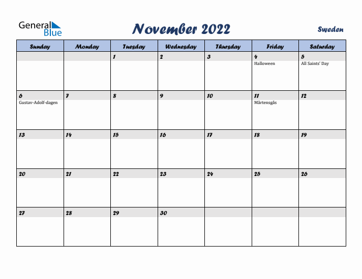 November 2022 Calendar with Holidays in Sweden