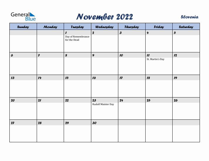 November 2022 Calendar with Holidays in Slovenia