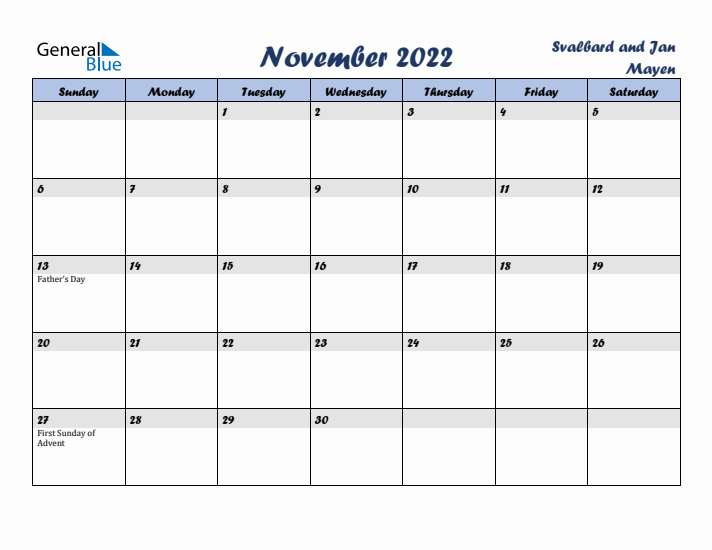November 2022 Calendar with Holidays in Svalbard and Jan Mayen