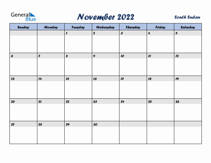 November 2022 Calendar with Holidays in South Sudan