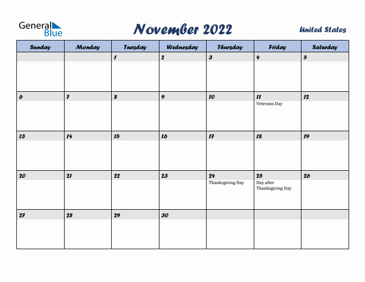November 2022 Calendar with Holidays in United States