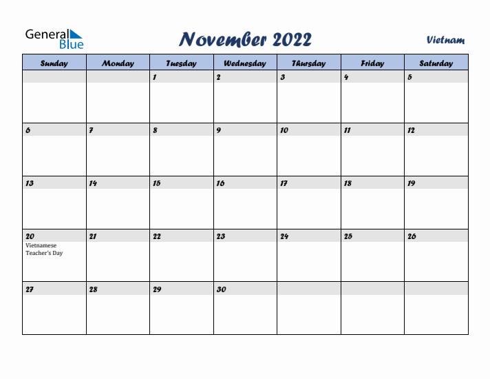 November 2022 Calendar with Holidays in Vietnam