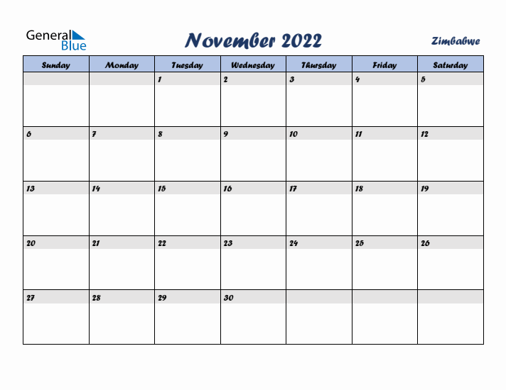 November 2022 Calendar with Holidays in Zimbabwe