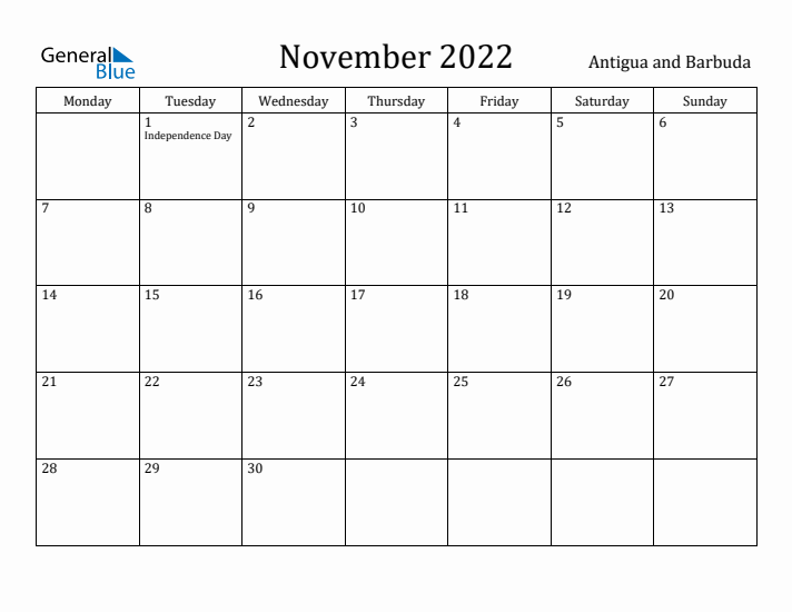November 2022 Calendar Antigua and Barbuda