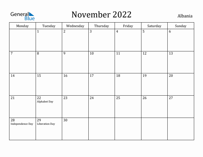 November 2022 Calendar Albania