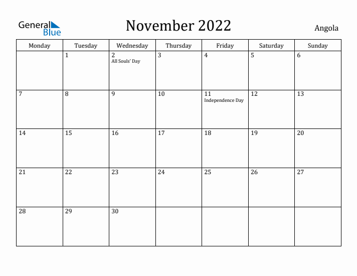 November 2022 Calendar Angola