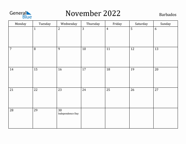November 2022 Calendar Barbados
