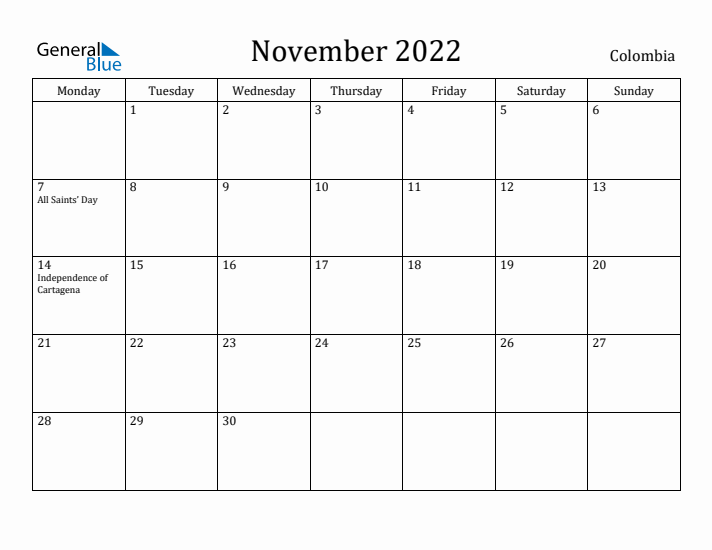 November 2022 Calendar Colombia