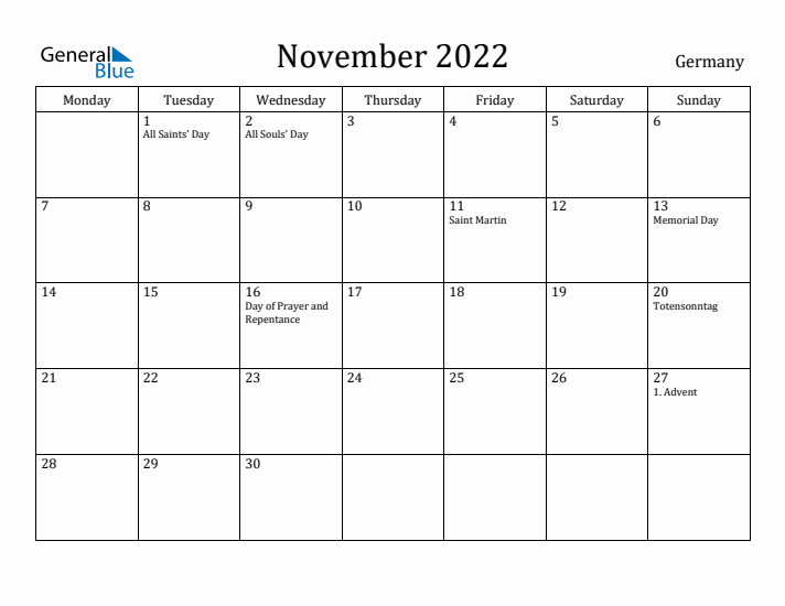 November 2022 Calendar Germany