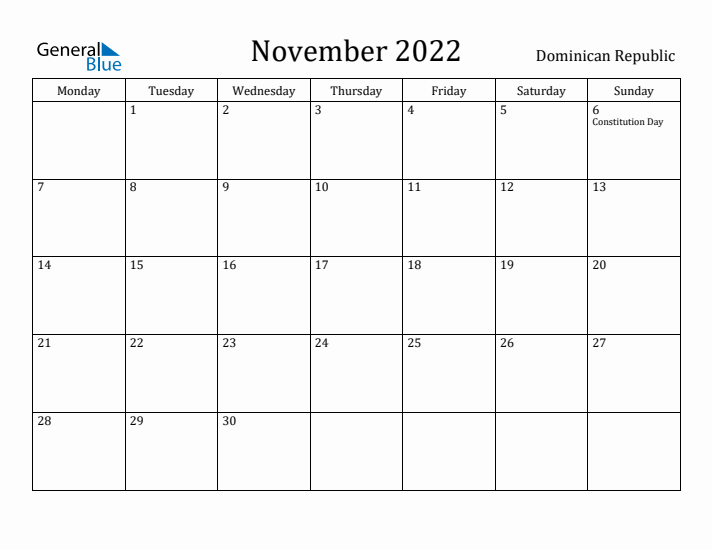 November 2022 Calendar Dominican Republic