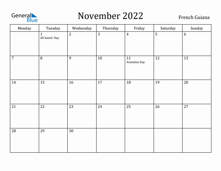 November 2022 Calendar French Guiana