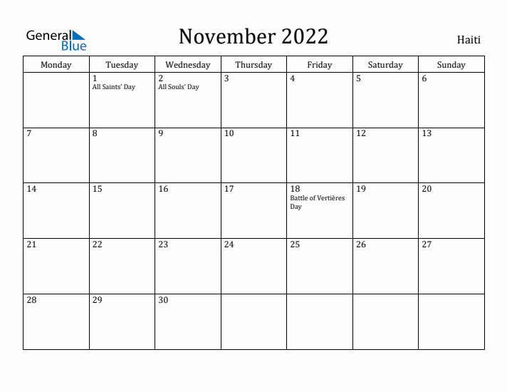 November 2022 Calendar Haiti
