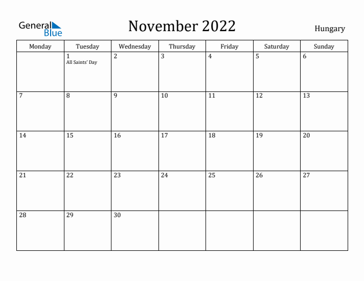November 2022 Calendar Hungary