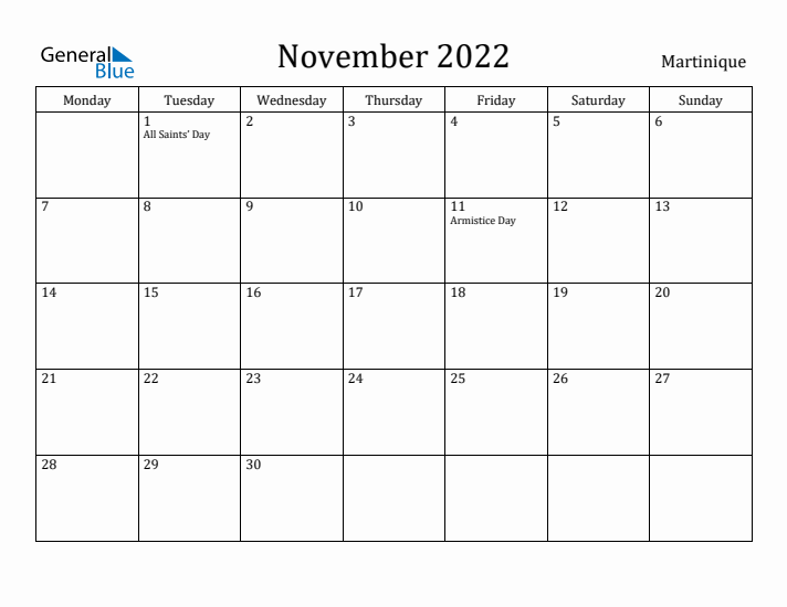 November 2022 Calendar Martinique