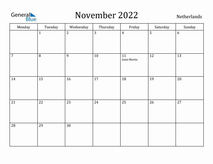 November 2022 Calendar The Netherlands