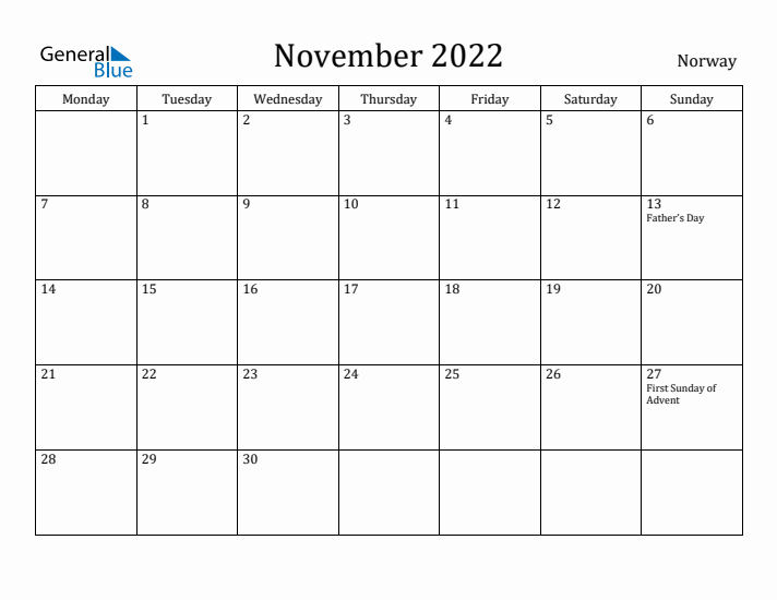 November 2022 Calendar Norway