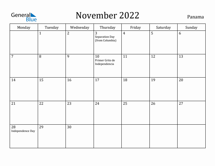 November 2022 Calendar Panama