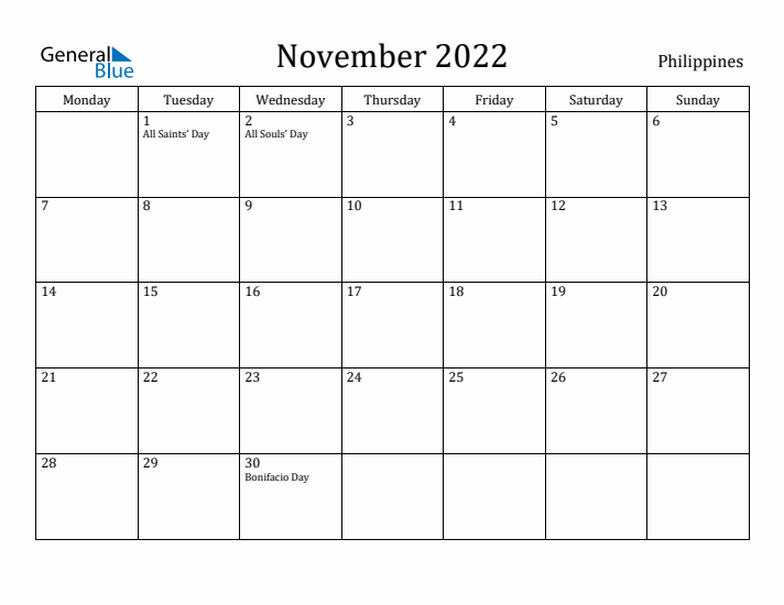 November 2022 Calendar Philippines