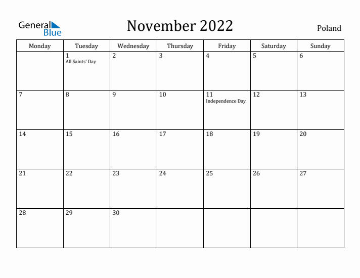 November 2022 Calendar Poland