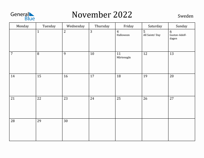 November 2022 Calendar Sweden