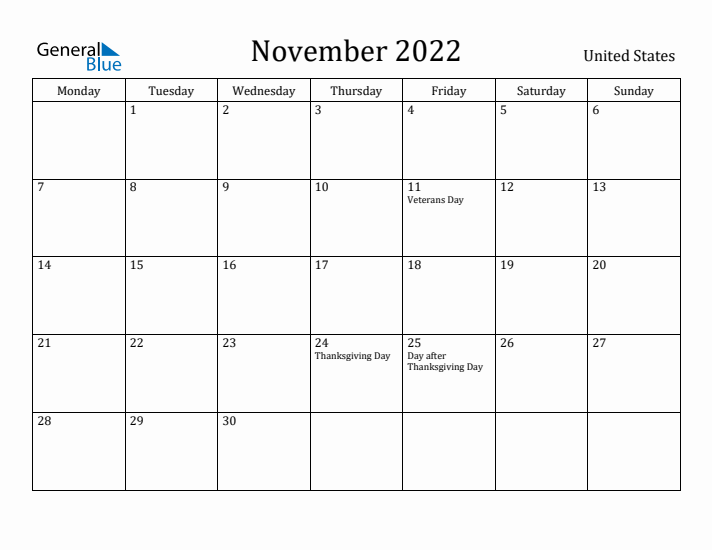 November 2022 Calendar United States
