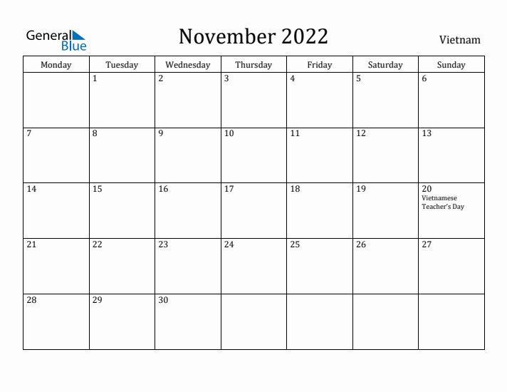 November 2022 Calendar Vietnam