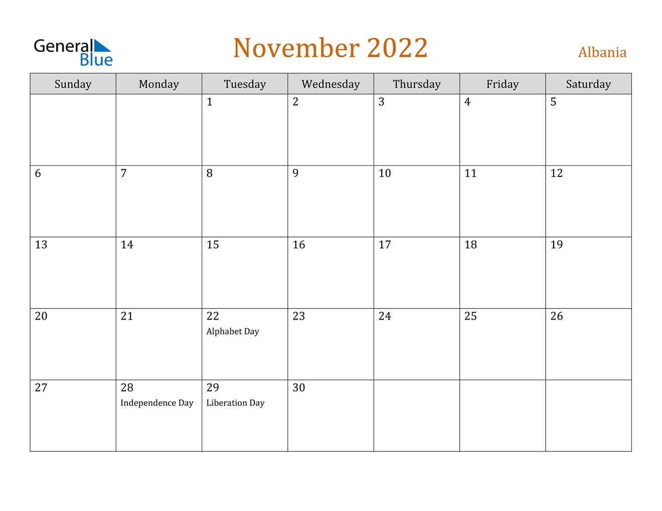 November 2022 Calendar - Albania