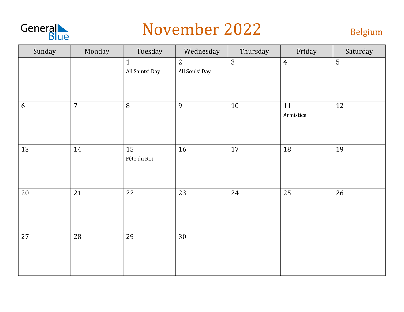 november 2022 calendar belgium