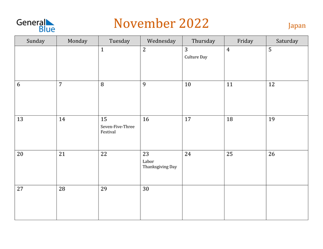 Thanksgiving Day 2022 Calendar Japan November 2022 Calendar With Holidays