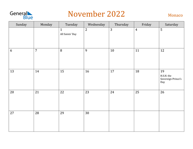 November 2022 Holiday Calendar