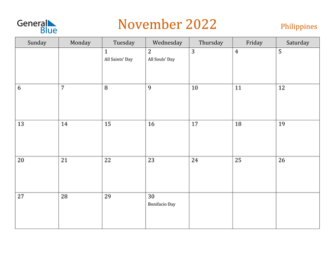 Printable 2022 November Calendar Philippines November 2022 Calendar With Holidays